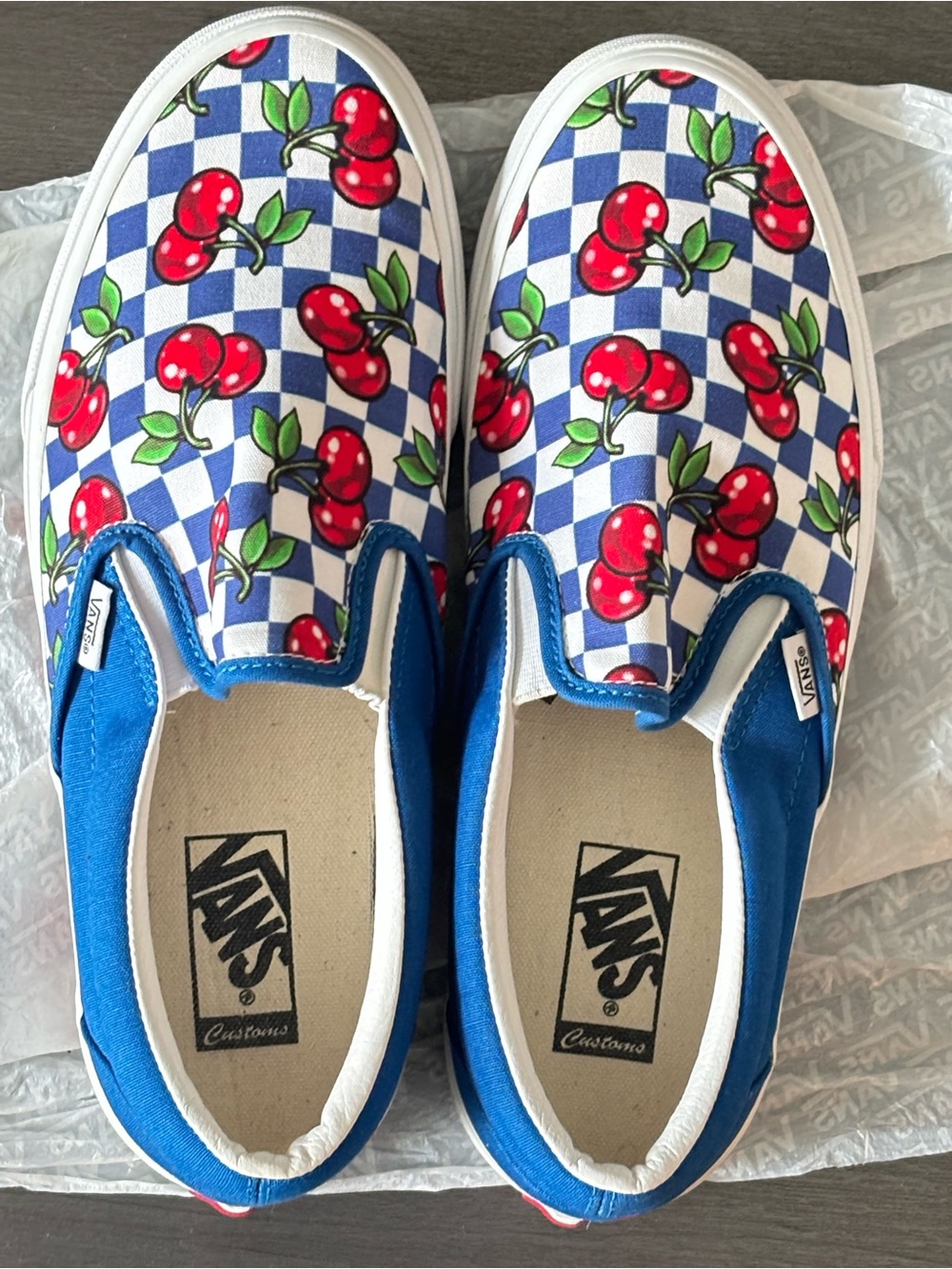 Vans Slip-On Sneakers in Blue, Red and White Cherry Checkerboard